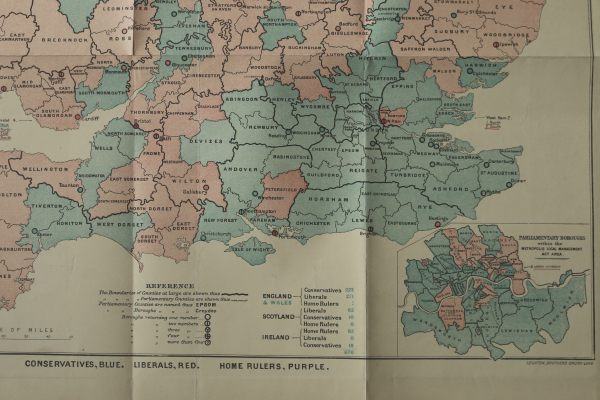 Lithographie Landkarte England Irland 1885 Bezirke Grafschaften Liberals home rulers conservatives